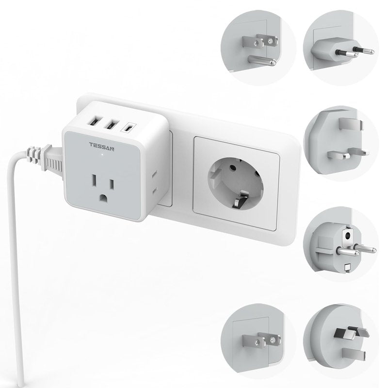 TESSAN All European UK Travel Plug Adapter Kit, 6-in-1 International Power Adapter with 3 USB (1 USB C) and 3 AC Outlets, Supports Type C, G, E/F, I, A, B for US to Europe UK Italy Australia Japan