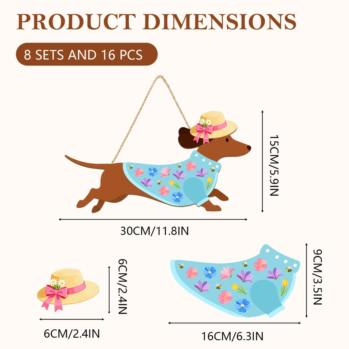 Interchangeable Wooden Dachshund Decoration, Xmas Hanging Wall Door Decor, Changeable Holiday Seasonal Decor and Detachable Hats Welcome Sign, Farmhouse Hanging Sign for Front Door, 16 PCS