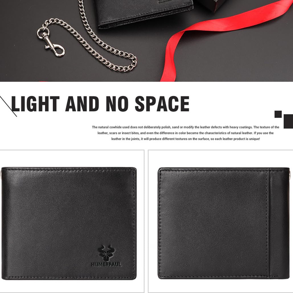Genuine Leather Card Holder Wallet with Chain Accessory for Men, Women RFID Blocking 13 Card Slots 2 ID Windows 2 Bill Compartments Short Bi-Fold Wallet Gift (Black)