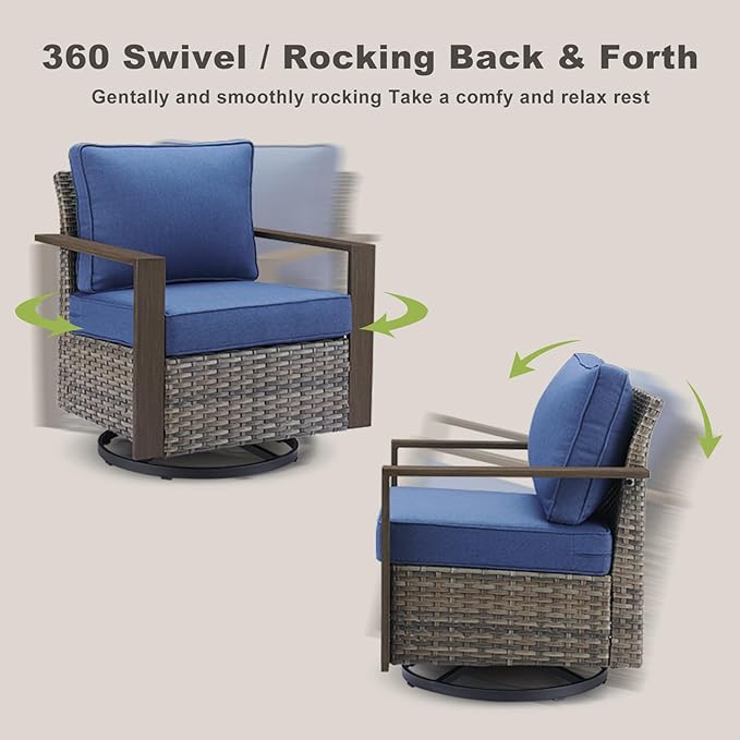 Rilyson Outdoor Wicker Patio Furniture Set - 5 Piece Patio Conversation Set with 2 Wicker Swivel Rocker Chairs,2 Ottoman, 1 Side Table, Thick Cushions, Deep Seating, Wide Armrest(Mixed Grey/Blue)