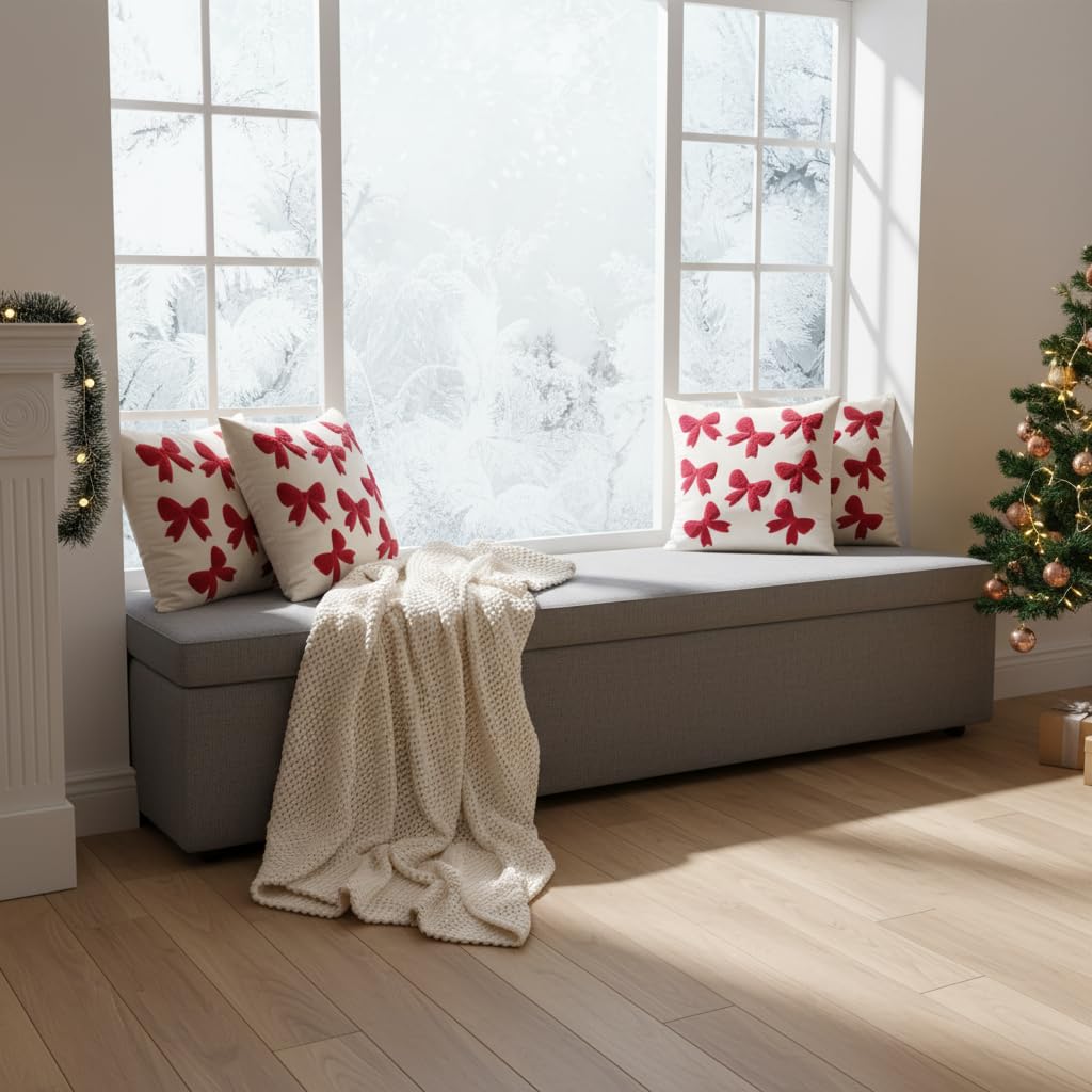 Tosleo Red Bows Pillow Covers 18 x 18 inch Set of 2 Velvet Embroidery Throw Pillow Cover Merry Xmas Party Decor Pillowcase Winter Holiday Cushion Case