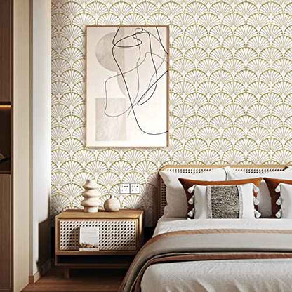 MelunMer Gold Peel and Stick Wallpaper Boho Gold Contact Paper for Cabinets Self Adhesive Removable Wallpaper for Bedroom/Bathroom Modern Contact Paper Leaf Ginkgo Biloba 78.8 in L 17.3In W
