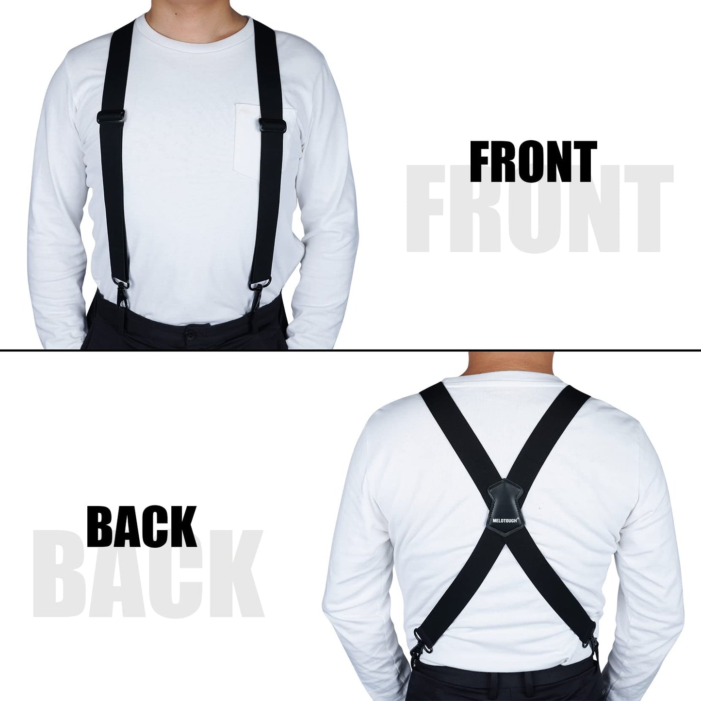 MELOTOUGH Mens Suspender 1.5 Inch Wide X Back Suspenders Black Adjustable Elastic Suspenders Braces with Heavy Duty Snap Hooks