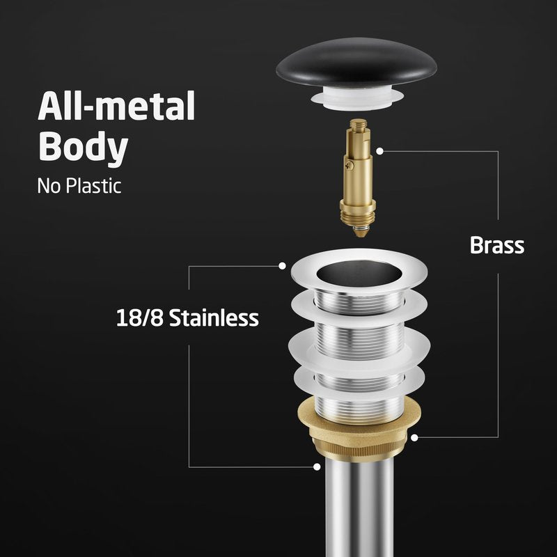 KES Solid Ceramic Cap Bathroom Sink Drain Without Overflow, Pop Up Drain for Bathroom Sink, Ceramic Bathroom Sink Stopper, All-Metal Body Matte Black, S2008D-CB