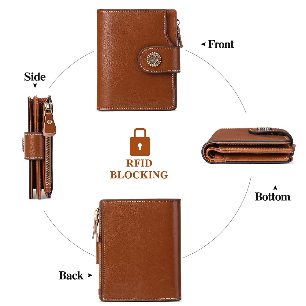 FALAN MULE Genuine Leather Small Wallet for Women, RFID Blocking, Compact Size, Brown