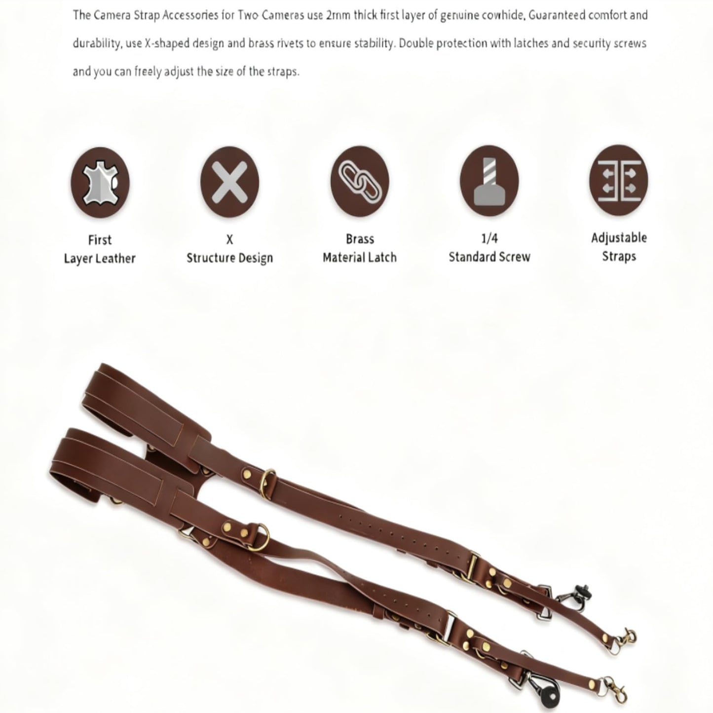 MEKOTRIN Dual Camera Harness & Leather Shoulder Strap Comfortable Carry for Two Cameras, Ideal for Hiking, Weddings and Travel, Adjustable 1/4" Standard Screw Compatibility (Shoulder Width: 13"-20")