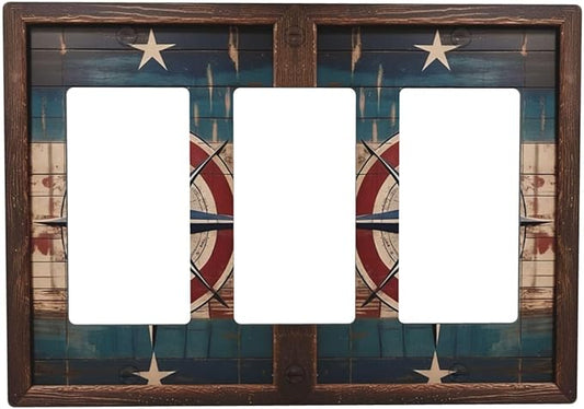 Decorative Art Light Switch Covers Nautical Rustic Star Emblem 3 Gang Triple Rocker Outlet Switch plate GFCI Faceplate GFCI for Home Decor
