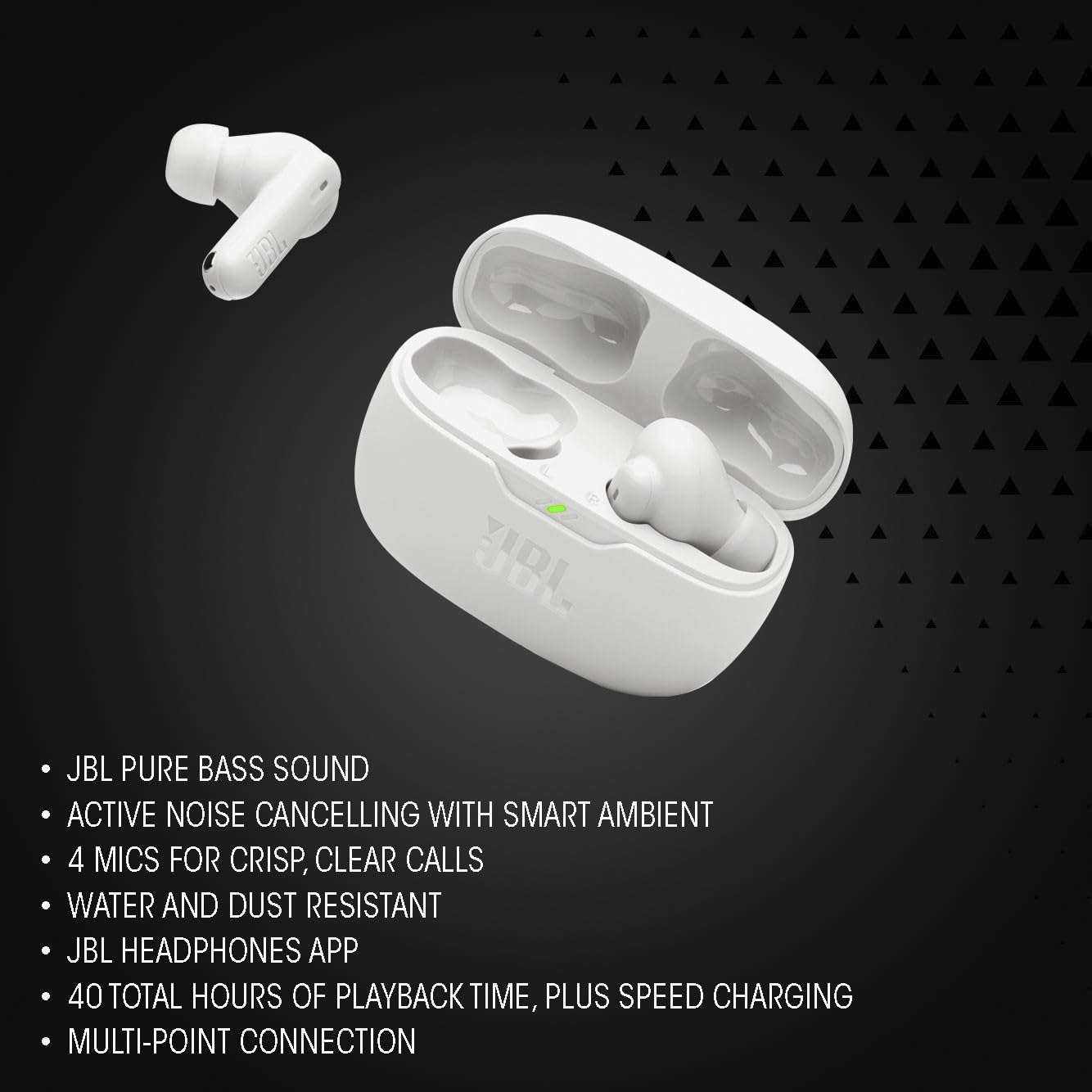 JBL Vibe Beam 2 - True Wireless Noise Cancelling Earbuds with JBL Pure Bass Sound & Smart Ambient technology, 4mics for crisp, clear calls, up to 40Hrs of Playback, IP54 Dust & Water resistant (Black)