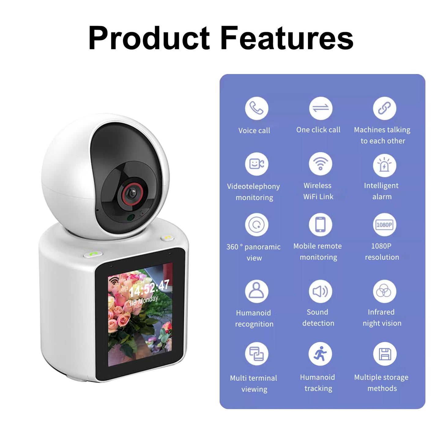 Video Calling Camera with 2.8 inch HD Screen Voice Assistant, 1080P Indoor Home Security Camera, Indoor Home Pet/Nanny/Baby/Elder/Dog Camera with Phone App