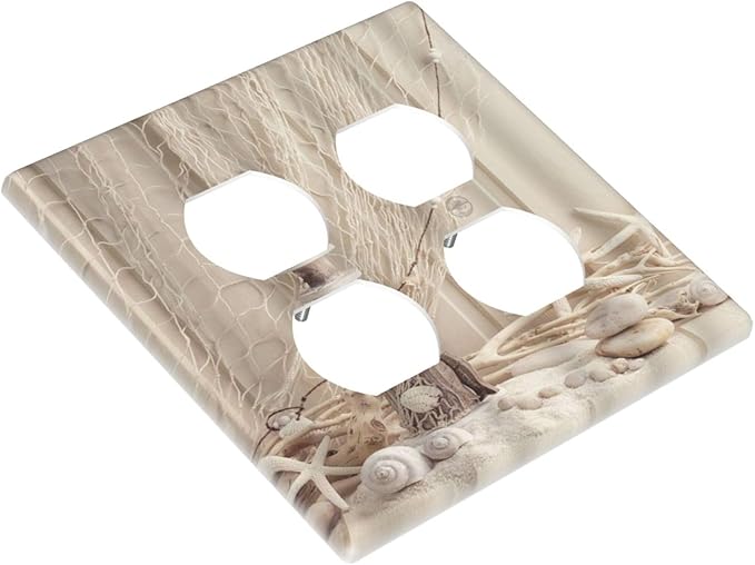 Decorative Light Switch Cover Plate Nautical Coastal Seashell Fishing Net Ocean Lighthouse Starfish 2 Gang Socket Covers Double Duplex Wallplates Switch Plates and Outlet Covers for Bathroom Home