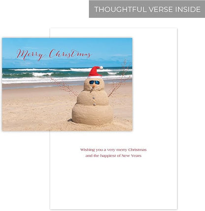 Canopy Street Masterpiece Beach Snowman Cards / 16 Merry Christmas Holiday Card Set With White Envelopes / 5 5/8" x 7 7/8" Winter Greeting Cards With Meaningful Inside Verse