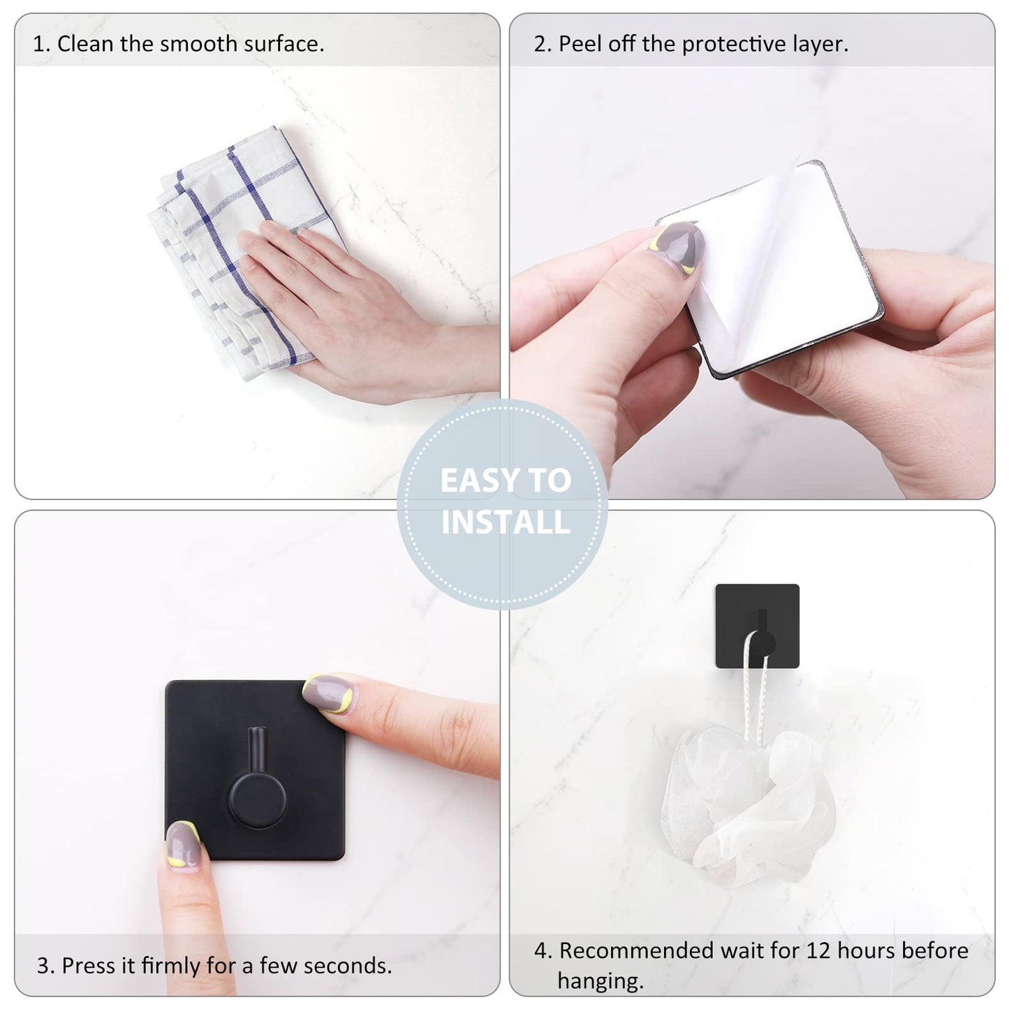 VIS'V Adhesive Towel Hooks, Waterproof Shower Wall Stick on Hooks, 2 Extra Adhesive Strips, Black, 4 Pcs