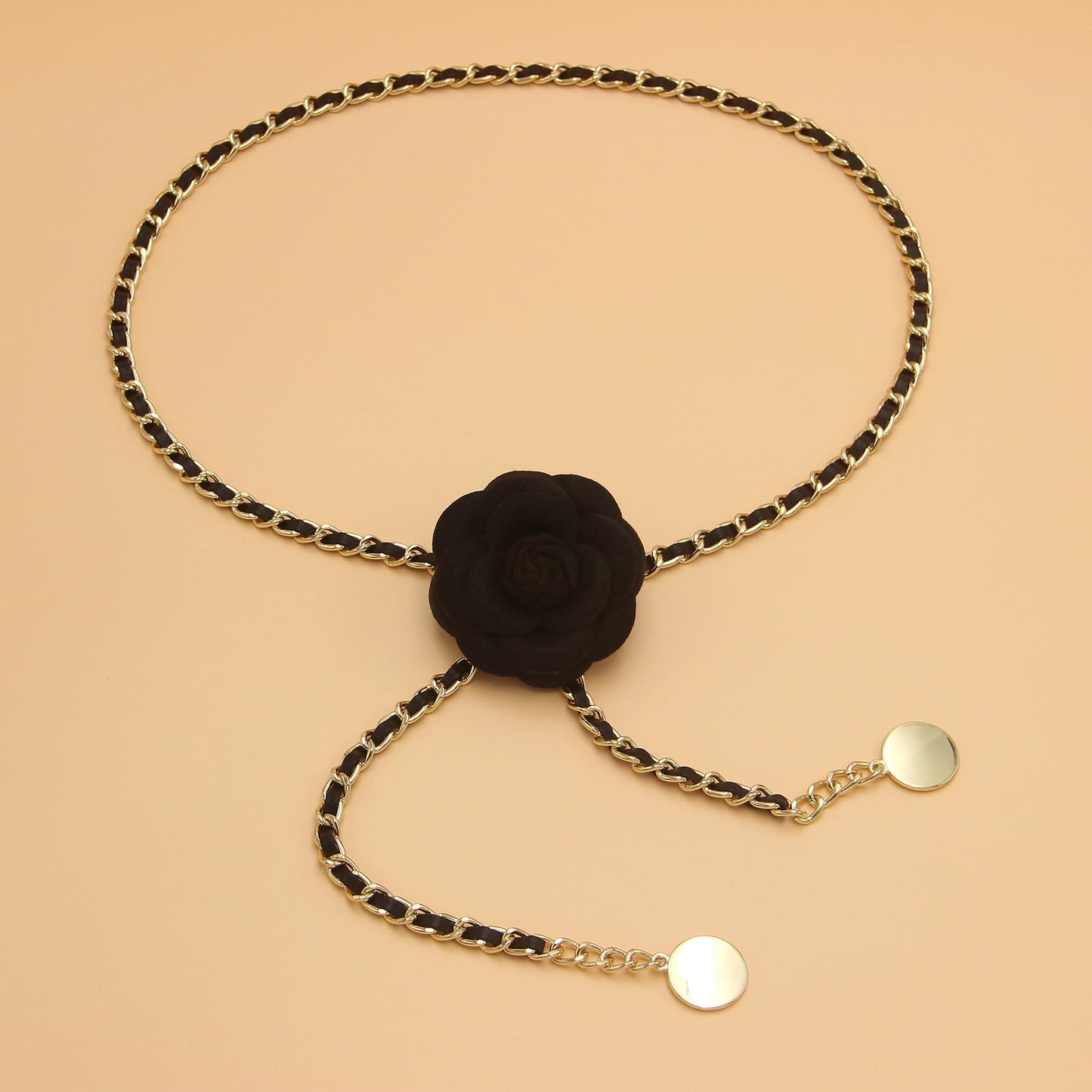 Belly Chain Belt for Women, Metal Waist Chain Body Chain Belt for Clothing Matching (Black, Fit waist up to 32")