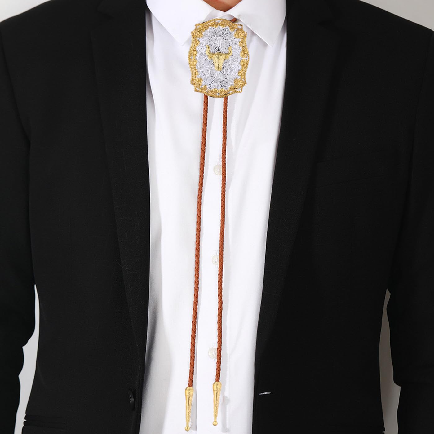 GelConnie Western Bolo Tie for Men Gold Cow Skull Pendant on Brown Leather Bolo Tie Handmade Western Ties Cowboy Necktie Accessories