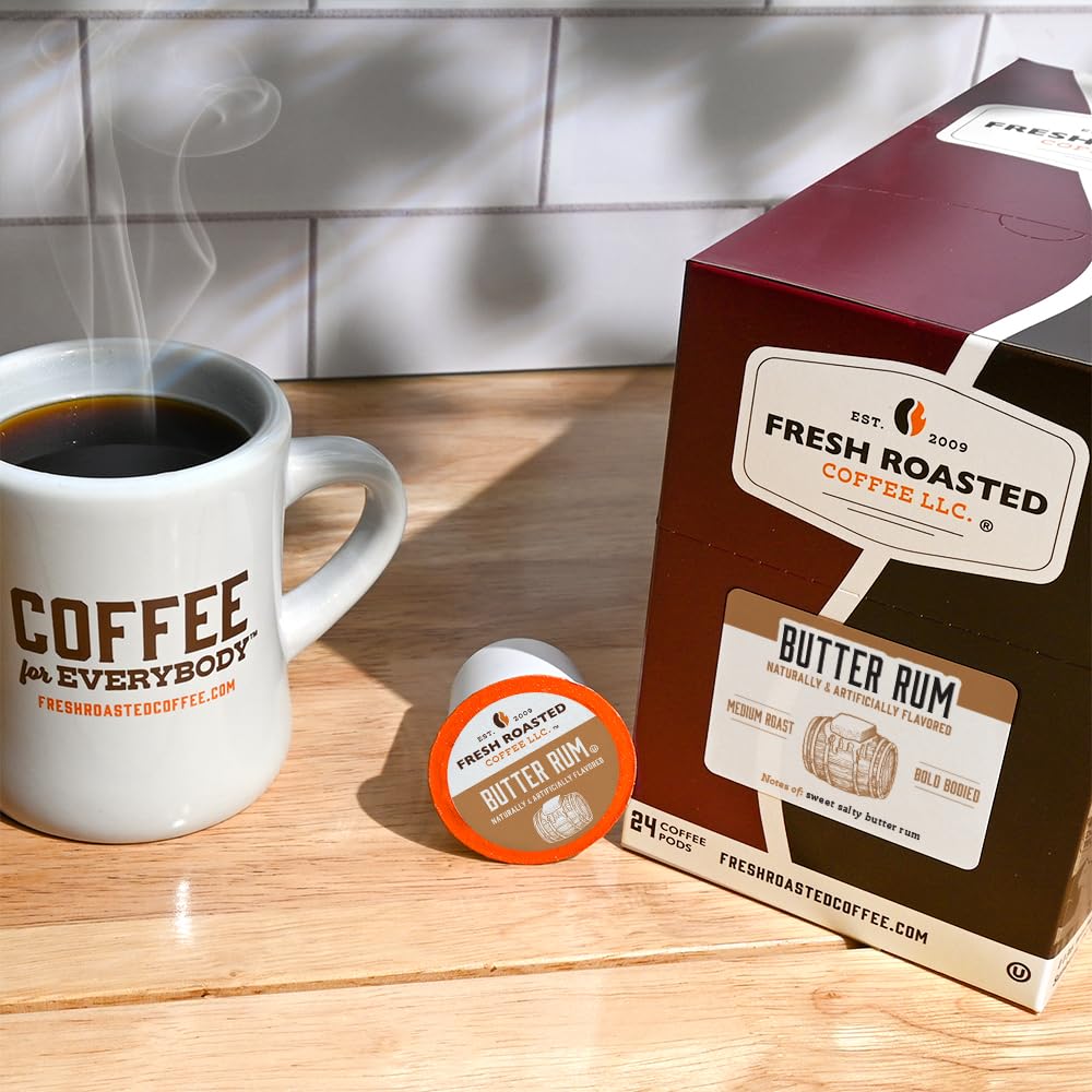 Fresh Roasted Coffee, Butter Rum, Flavored Coffee Pods, K-Cup Compatible, 24 Count