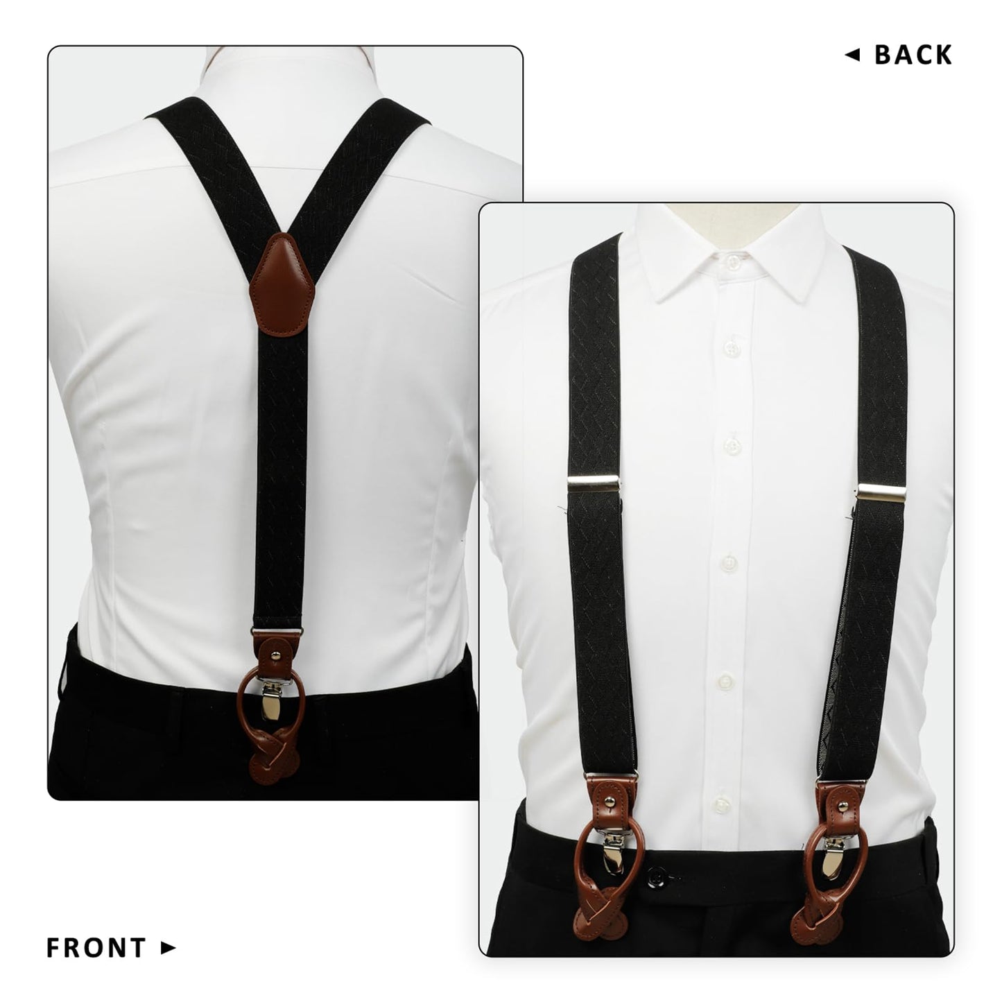 LEHOMU Men Suspenders Adjustable,1.4 Inch Wide Heavy Duty Y-Back Elastic Tuxedo Elastic Mens Suspenders with Leather Buttons and 3 Metal Clips,Black and Grey Stripe