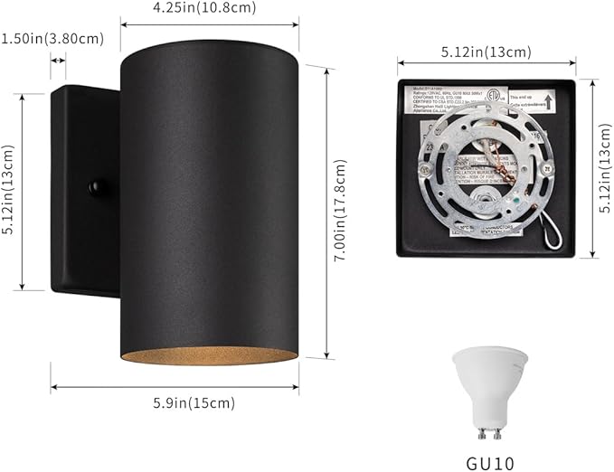 mirrea 7" Modern Outdoor Porch Wall Light with 5W LED GU10 Replaceable Bulbs in Matte Black Aluminum Cylinder Downlight Outside Sconce Pack of 2