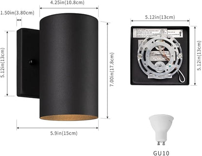 mirrea 7" Modern Outdoor Porch Wall Light with 5W LED GU10 Replaceable Bulbs in Matte Black Aluminum Cylinder Downlight Outside Sconce Pack of 2