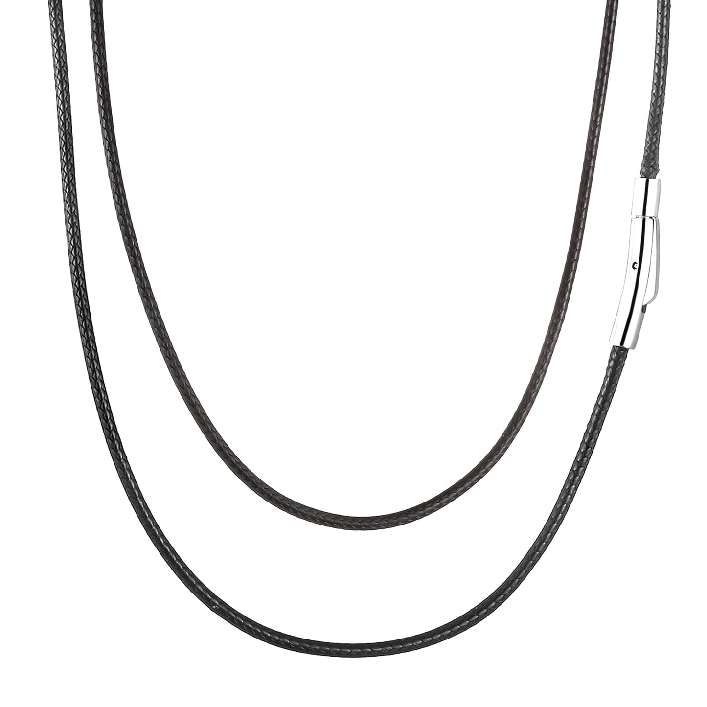 SKQIR 2mm Black Waterproof Braided Leather Cord Necklace with Durable Stainless Steel Snap Clasp Men Women Woven Wax String Rope Chain for DIY Pendant Length 22"