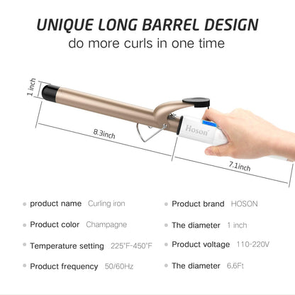 Hoson 1 Inch Curling Iron Professional Ceramic Tourmaline Coating Barrel Hair Curler, LCD Dispaly with 9 Heat Setting(225°F to 450°F for All Hair Types, Glove Include)