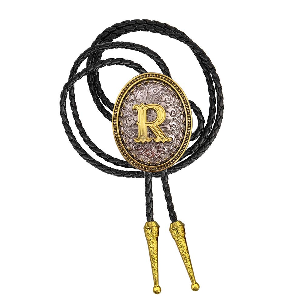 XGALBLA Golden Western Bolo Tie Initial Letter R in Ellipse Flower Cowboy with Cowhide Rope Necktie for Women