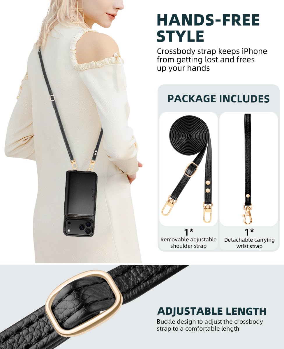 OCASE Compatible with iPhone 17 Pro Max Crossbody Wallet Case with Card Holder, PU Leather Zipper Handbag Phone Purse with RFID Blocking Kickstand Wrist Strap Lanyard 6.9 Inch, Black