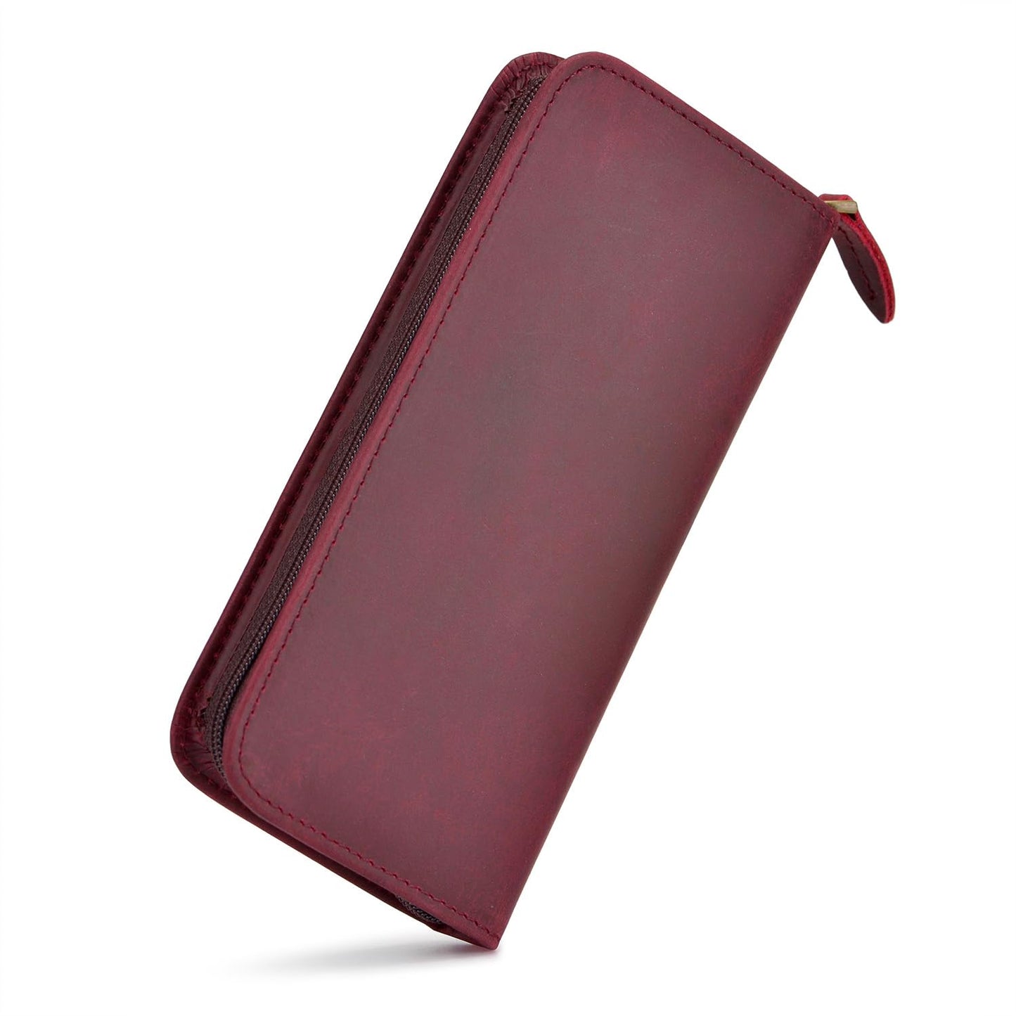 Asvine Fountain Pen Case 3 Divided Slots Crazy Horse Leather Pen Holder, Handmade Display Zippered Pouch for Rollerball Pen-Wine