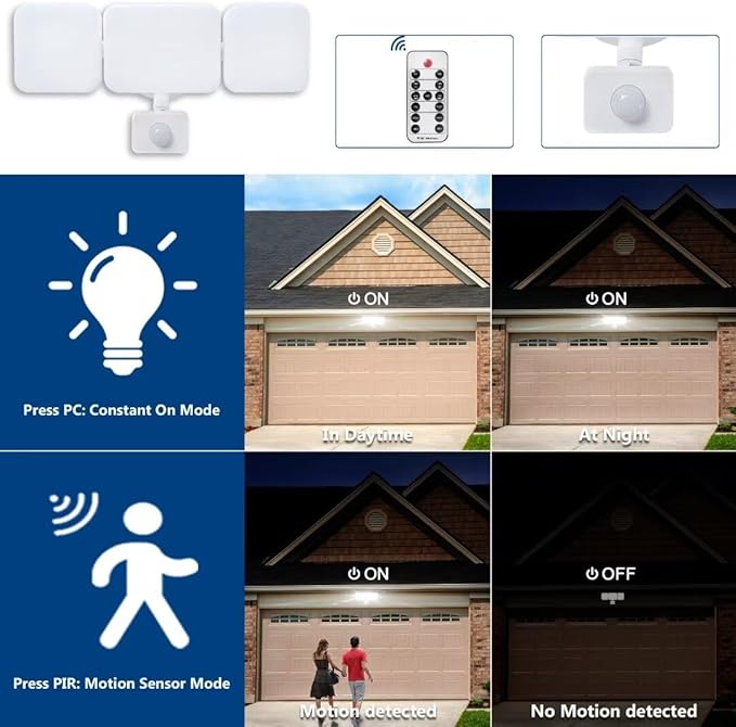 EMANER Outdoor Security Floodlight Waterproof, Remote Control, Motion Sensor, Dusk to Dawn Stay On, Brightness Adjust, Tunable White, 280W Equiv. 120V Motion Light for Yard Patio Porch (White, 2Pack)
