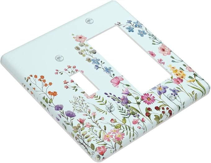 Rustic Wild Floral Vintage Blue Watercolor Flower 2 Gang Single Toggle Rocker Combination Light Switch Cover Unique Decorative Wall Plate Cover Electrical Faceplate Switchplate for Bedroom