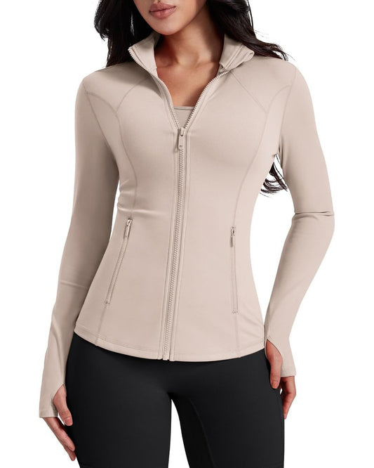 AVGO Womens Workout Jackets Lightweight Athletic Zip Up Jacket Slim Fit Running Gym Top with Pockets & Thumb Holes(Almond, M)