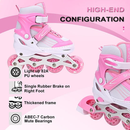 Kids Inline Skates for Girls Boys with All Wheels Illuminating, Adjuatable Mens and Womens Roller Skates Blades for Beginner in Outdoor and Indoor (Pink&White, Medium - Big Kids)