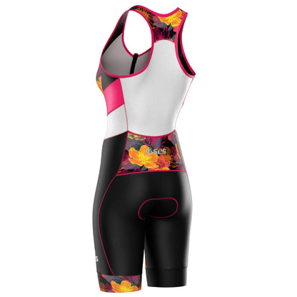 SLS3 Triathlon Suits Women – Sleeveless Trisuit Women - Premium FX Fabric, Tri Suit Womens Triathlon Suit, No Shelf Bra (Pink Sunrise Blooms, X-Small)