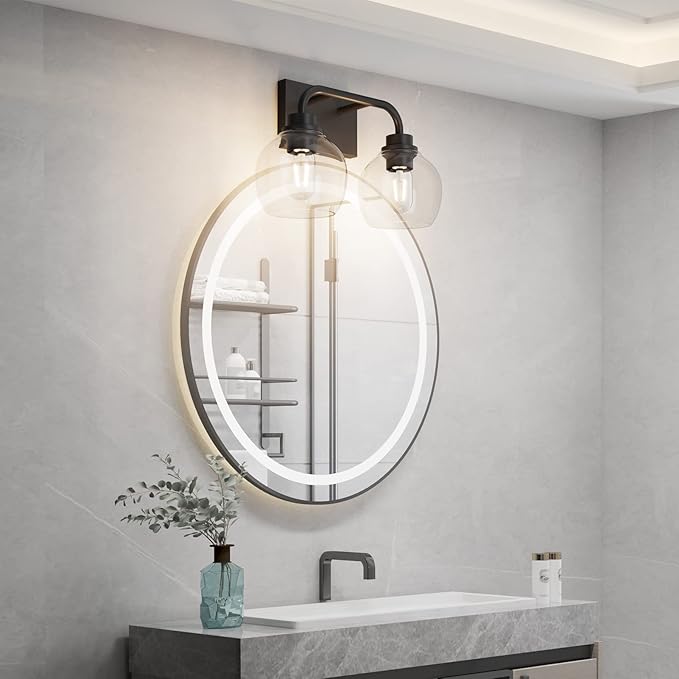 Tipace 2 Lights Industrial Bathroom Vanity Light Fixtures Over Mirror Black Vintage Vanity Lights with Globe Clear Glass Farmhouse Wall Sconces Fixture(Exclude Bulb)