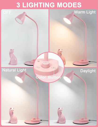 BOHON Cute Desk Lamp with USB Charging Port, Pink Lamp 3 Color Modes Dimmable LED Reading Lamp, Flexible Gooseneck Auto Dimming Table Task Light for Home Office Dorm Bedside, Pink