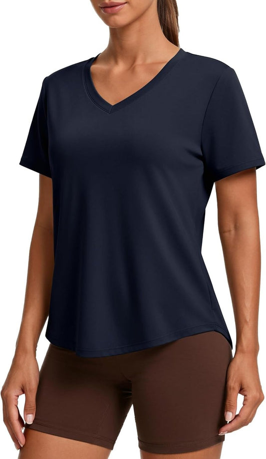Soft Workout Tops for Women - Short Sleeve V-Neck Gym Shirts | Moisture-Wicking, UPF 50+ Sun Protection