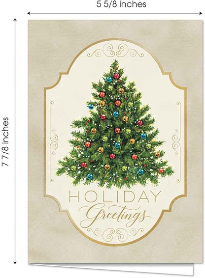 Masterpiece Nostalgic Christmas Tree Cards / 16 Boxed Holiday Card Set With Coordinating Red Envelopes / 5 5/8" x 7 7/8" Folded Greeting Cards With Inside Verse