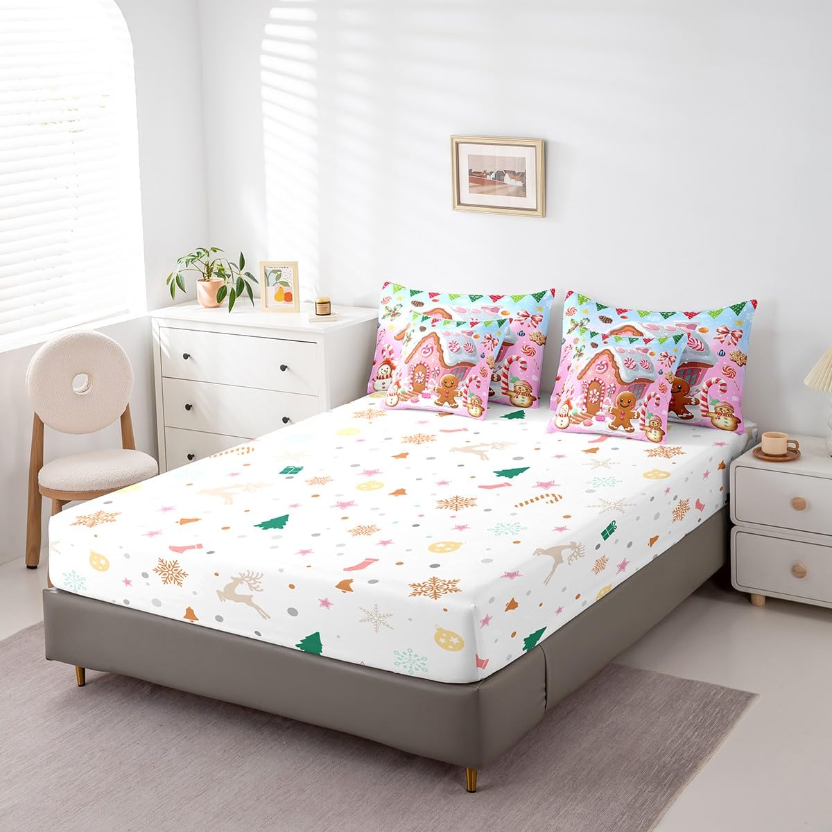 Xmas Gingerbread Man Twin Comforter Set with Sheets Bed in a Bag 7 Pcs,Winter Candy House Watercolor Bed Set,Snowman Winter Bedding Sets with Comforter,Flat,Fitted Sheet,Pillowcases,Pillow Covers