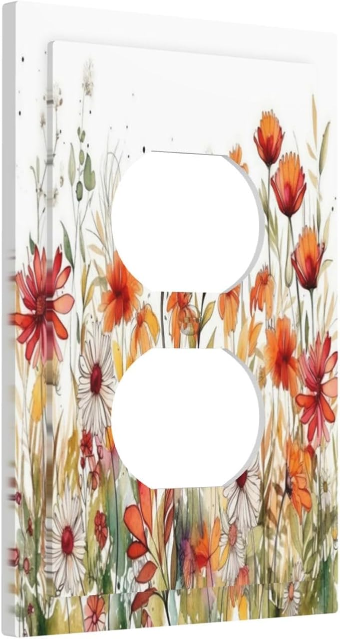 Watercolor Wild Flower Floral 1 Gang Single Duplex Light Switch Plate Outlet Cover Decorative Wall Plate Switchplate Electrical Faceplate for Nursery Bedroom Bathroom Decor