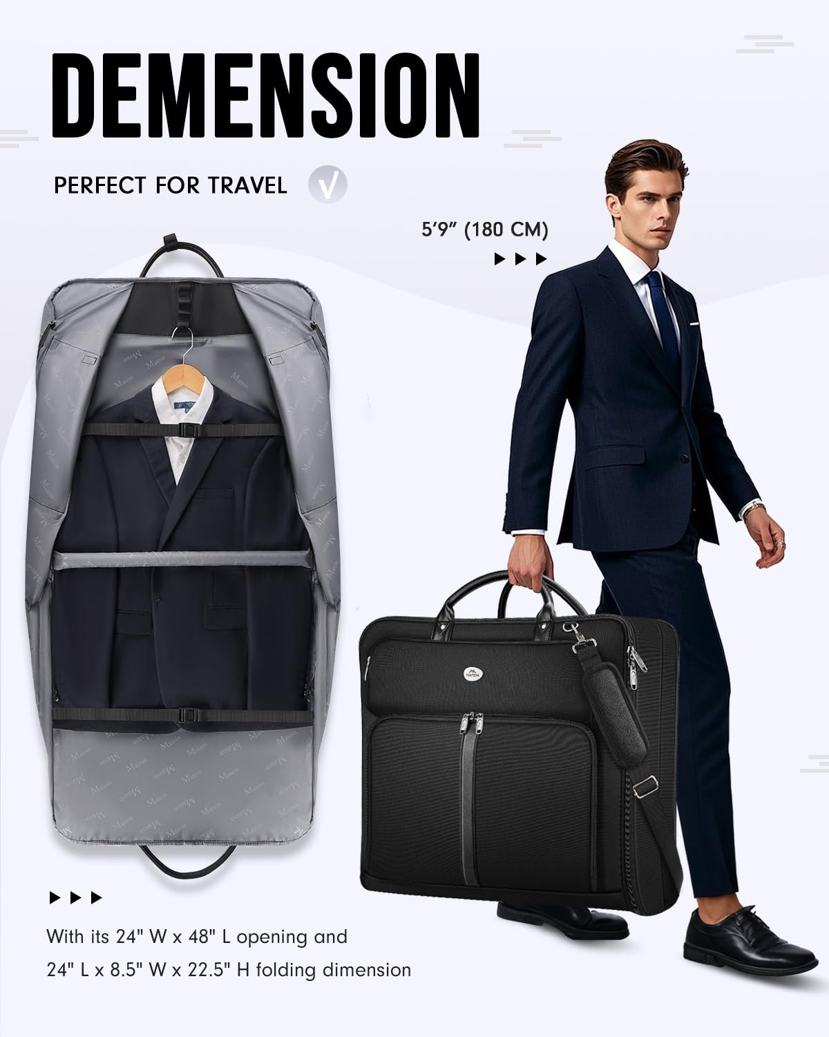 MATEIN Mens Garment Bags for travel, Large Travel Suit Bag Up to 7 Suits with Strap, Wrinkle Free Carry On Garment Bags for Hanging Clothes, Business Suitcase Luggage Bag Fit 17.3 Inch Laptop, Black