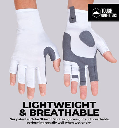 Tough Outdoors Fingerless Fishing Gloves - UPF 50+ UV Gloves - Reinforced Grip for Kayaking & Rowing - Fishing Accessories - White - L/XL