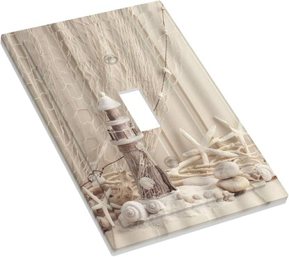 Nautical Coastal 1 Gang Single Toggle Light Switch Covers Seashell Fishing Net Ocean Lighthouse Starfish Decorative Wall Plate Switchplate Electrical Faceplate Beach Theme Decor