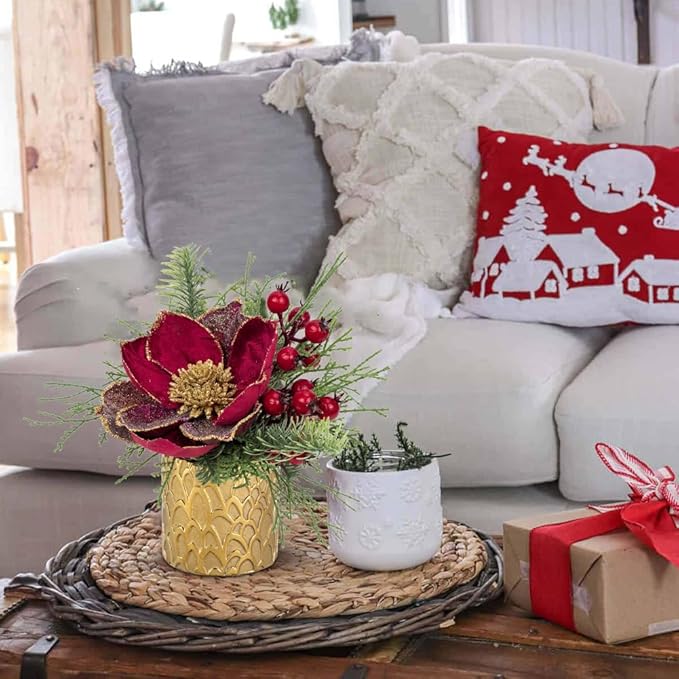 9 inch Red Christmas Table Centerpiece 5" Glitter Magnolia Flower and Red Berries Fir Greenery Artificial Christmas Floral Centerpiece in Golden Ceramic Pot Christmas Tabletop Arrangement Decor