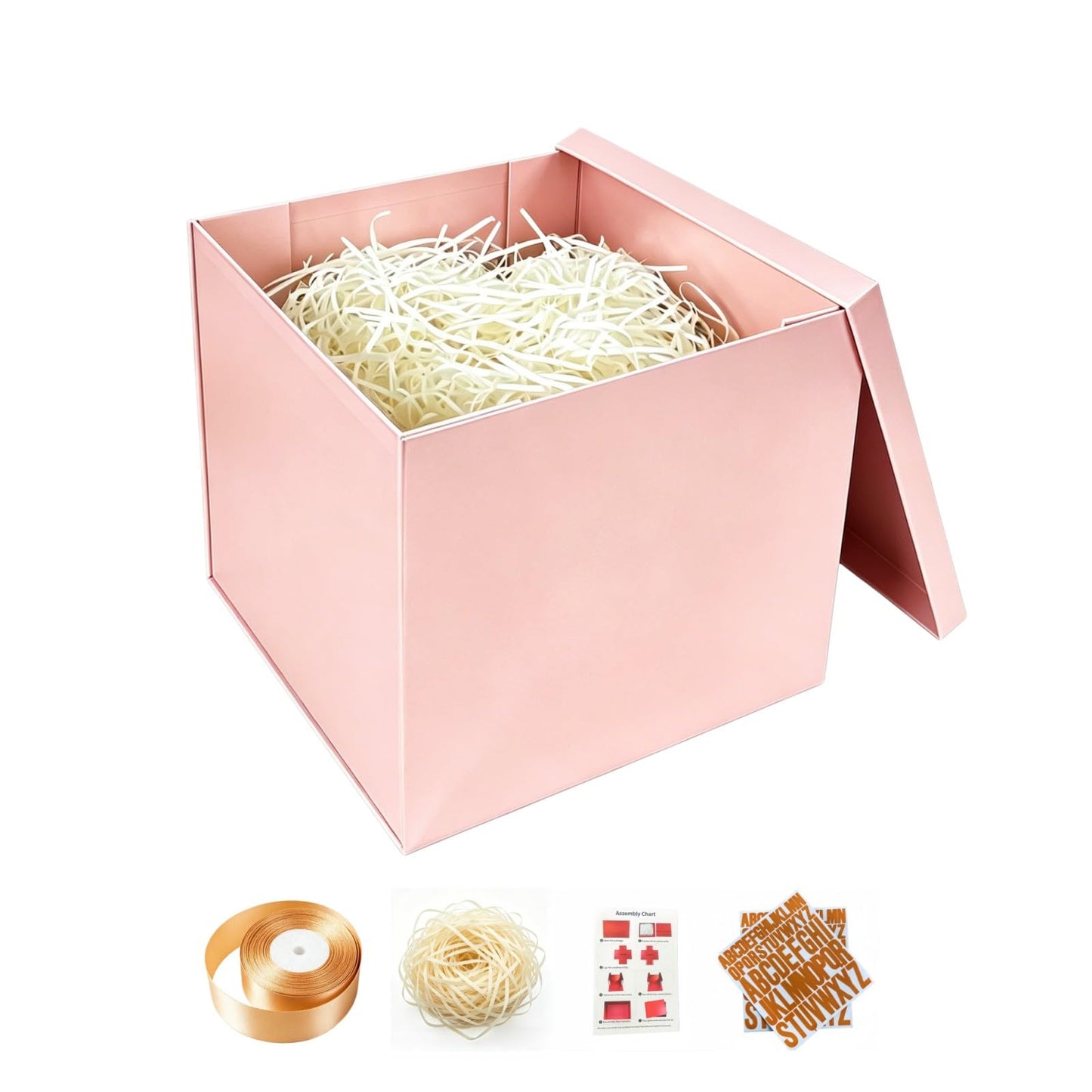 PACKGILO Gift Box 10x10x8 Inches，Pink Gift Box with Lid for Christmas，Anniversary，Birthday，Square Boxes with Crinkle Paper，Ribbon，Alphabet Stickers