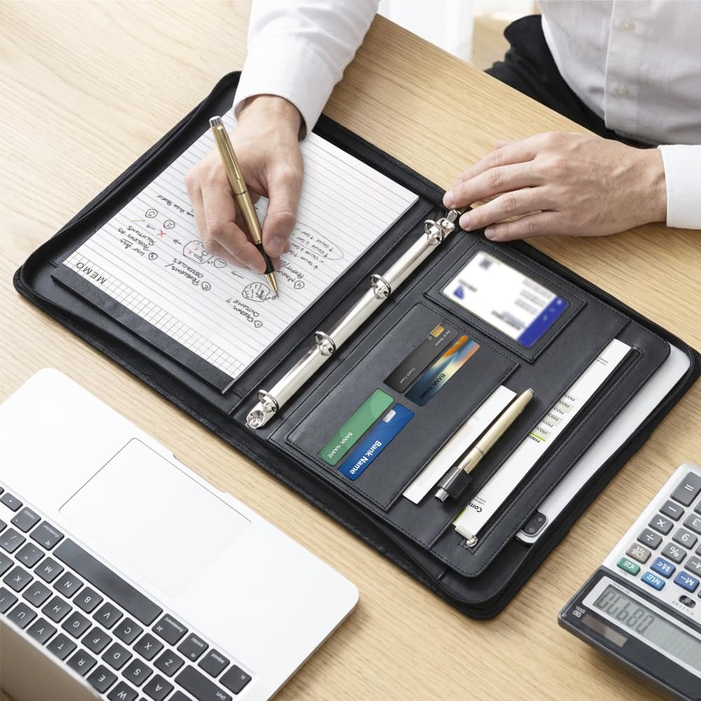 [BRAVE ELK] All-in-One Zippered Padfolio Business Portfolio, Textured Leather Portfolio Binder with 40 Transparent Sleeves, Tablet Holder & Writing Pad, Professional Document Organizer for Men & Women