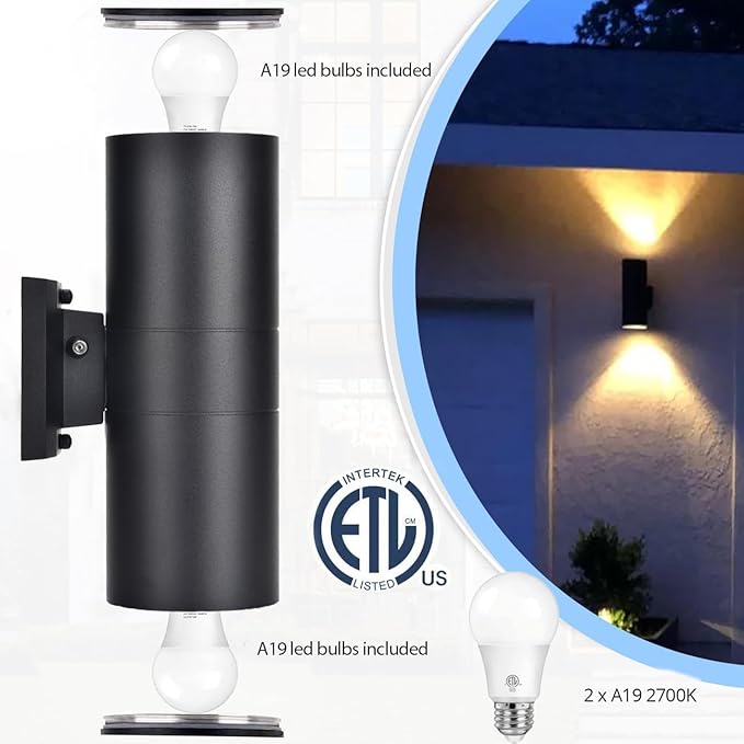 Up Dawn Outdoor Lights Exterior Wall Light Fixture Cylinder 3000K, Modern Black Outdoor Dusk to Dawn Light Fixture Wall Mount 2 Pack,IP65 Outside Sconce for House,Garage,Porch