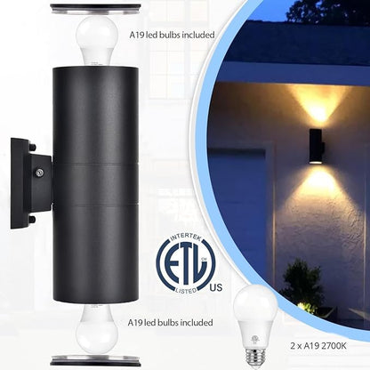 Up Dawn Outdoor Lights Exterior Wall Light Fixture Cylinder 3000K, Modern Black Outdoor Dusk to Dawn Light Fixture Wall Mount 2 Pack,IP65 Outside Sconce for House,Garage,Porch
