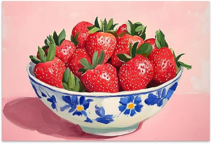 Yesad Strawberry Wall Art Print, Pink Kitchen Wall Décor Fruits Prints Canvas Wall Art Vintage Painting Pictures Modern Wall Décor for Living Room Dining Room Bedroom (Unframed,18”x12”, Strawberry)