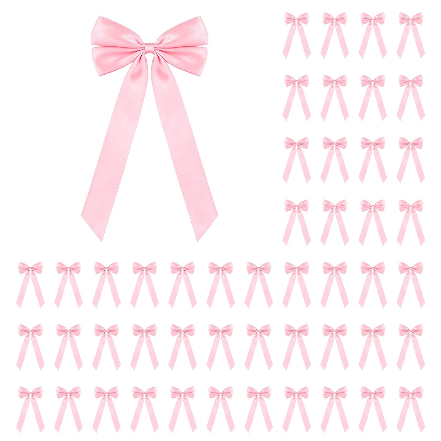 50Pcs Pink Satin Bows for Christmas Tree, 4 x 8 inch Xmas Ornaments with Pre-Made Twist Ties & Self-Adhesive, for Tree Cabinet Front Door Wreath Holiday Home Decor