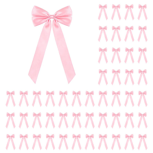 50Pcs Pink Satin Bows for Christmas Tree, 4 x 8 inch Xmas Ornaments with Pre-Made Twist Ties & Self-Adhesive, for Tree Cabinet Front Door Wreath Holiday Home Decor
