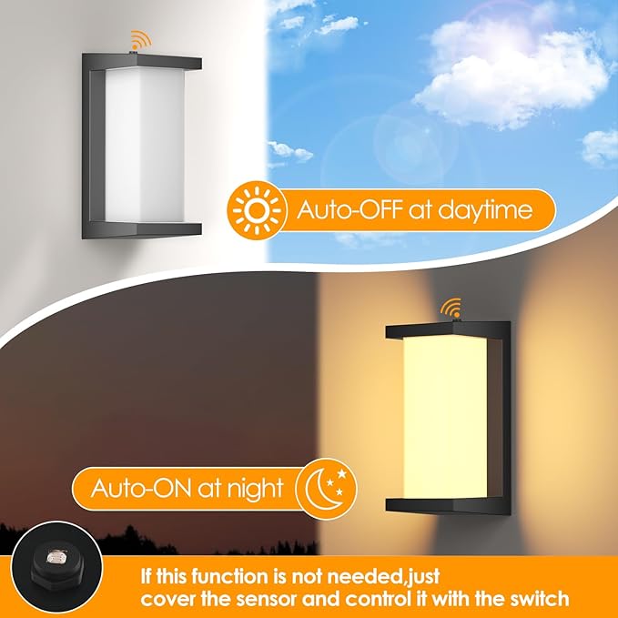 Dusk to Dawn Outdoor Wall Lamp Porch Lights,3 Color Modern Exterior Lighting Fixtures,Outdoor Waterproof for Front Porch Light,LED Wall Mount Sensor Outside Lights for House,Garage,Backyard